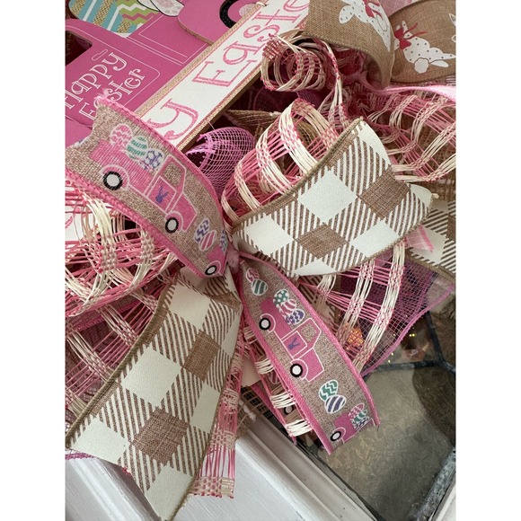 Easter Bunny Deco Mesh & Ribbon Spring Wreath Front Door Hanger Home Decor - Picture 4 of 9